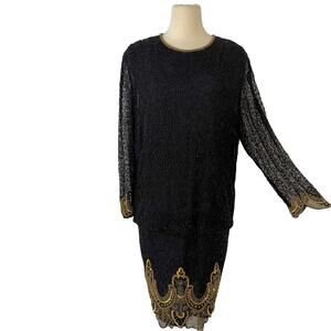 Night Vogue Vintage Silk Beaded Dress Black Gold Baroque Long Sleeve L